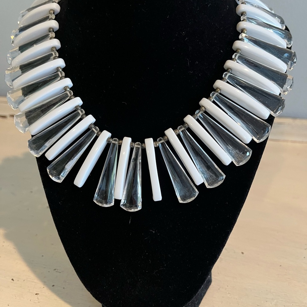 Rare Vtg Les Bernard Egyptian Revival Collar Necklace White And Clear Beads